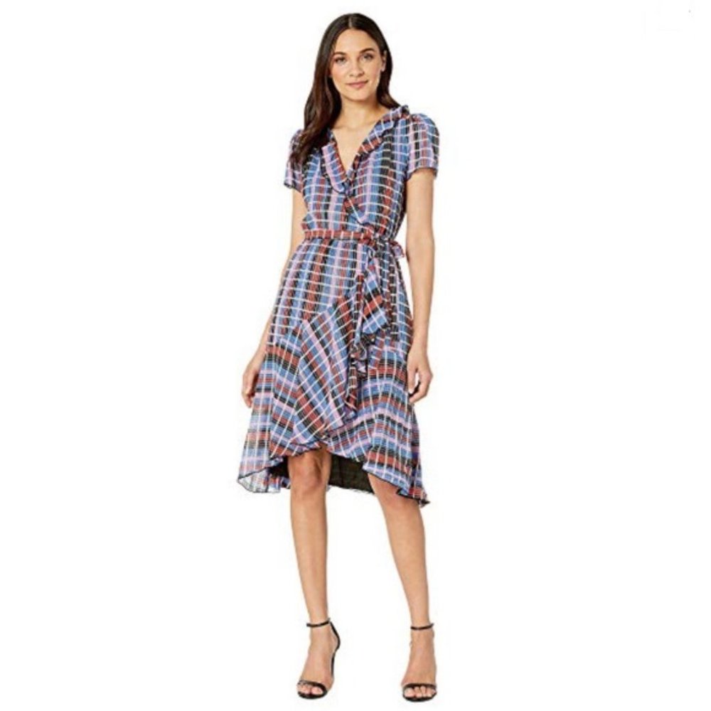 Wayf Sutton Metallic Chiffon Striped Foil Wrap Dress